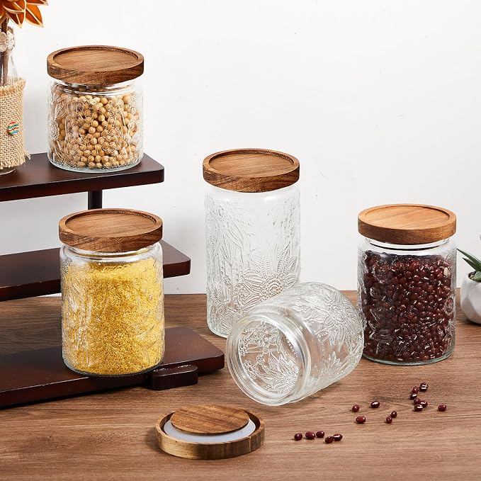 Gerrii Clear Sunflower Round 5 Pcs Vintage Glass Food Storage Containers 17/24/34 oz Glass Jar with Lid Airtight Candy Food Canisters for Kitchen Counter Pantry Coffee Beans
