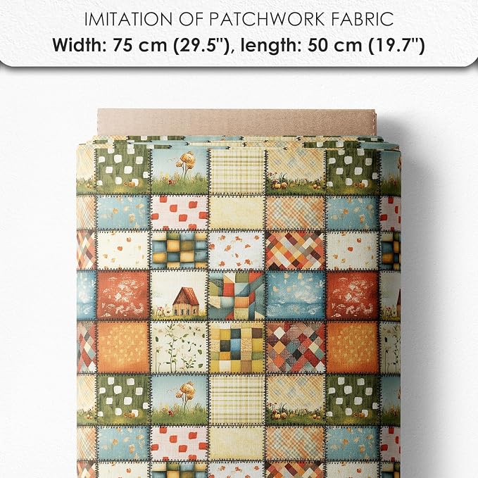 Patchwork Fabric Panel with Windmill Designs – 100% Cotton Satin, 6 Printed Panels 10”×10” + Patchwork Sheet 29.5”×19.7”, Single Continuous Cloth for Quilting & Sewing