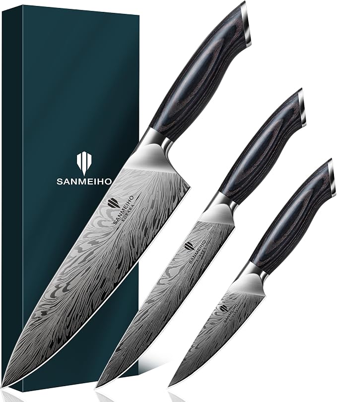 3PCS Kitchen Knife Set,Chef Knife Sets in Powder Steel, Ultra Sharp Japanese Knives Set High Carbon Steel Knives Sets, Cooking Knives Set with Ergonomic Pakkawood Handle