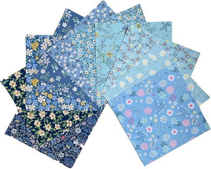 HANPATQUI 50PCS 10 x 10 inch Blue Printed 100% Cotton Fat Quarters Fabric for Sewing and Quilting Bundles Precut Fabric Square for DIY Craft Patchwork