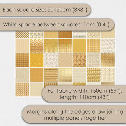 Cotton Satin Patchwork Fabric Panel – 35 Designs, 20×20 cm Squares, Single Piece 150×110 cm, Yellow Patchwork Quilt Fabric (Golden Harvest Patchwork Set, 35pcs 8x8 inch)