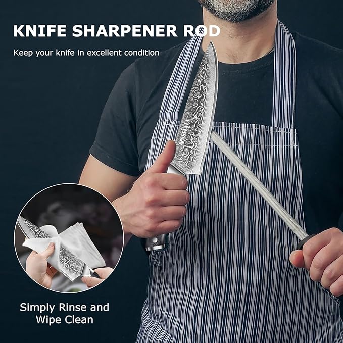 MOSFiATA Damascus Chef Knife Set 5PCS-Professional Sharp High Carbon VG10 Stainless Steel Kitchen Knife with Finger Guard, Knife Sharpener Rod Gift