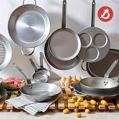 de Buyer MINERAL B Carbon Steel Crepe & Tortilla Pan - 9.5” Diameter, 8.25” Cooking Surface - Ideal for Making & Reheating Crepes, Tortillas & Pancakes - Naturally Non-Stick Finish - Made in France