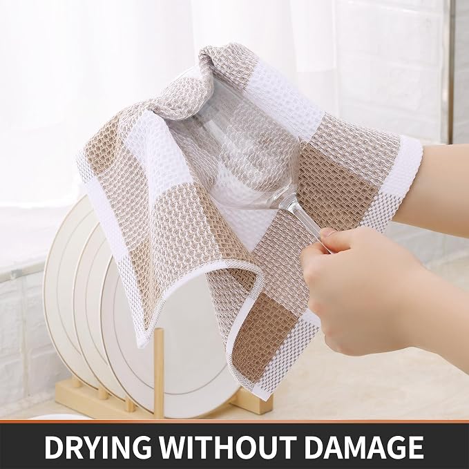 Homaxy 100% Cotton Waffle Weave Check Plaid Dish Cloths, 12 x 12 Inches, Super Soft and Absorbent Dish Towels Quick Drying Dish Rags, 12-Pack, White & Khaki
