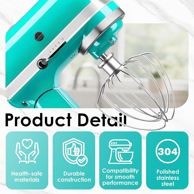 3-Piece Stainless Steel Mixer Attachment Kit for KitchenAid 4.5/5 QT Tilt-Head Mixers, K45WW Wire Whip, K45DH Dough Hook & K45B Coated Flat Beater, Baking Essentials Set, Dishwasher Safe