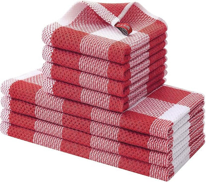 Homaxy Kitchen Towels and Dishcloths Set, 12 x 12 and 13 x 28 Inches, Set of 8 Bulk Cotton Waffle Weave Check Plaid Kitchen Towels, Super Soft and Absorbent Dish Towel, White & Red