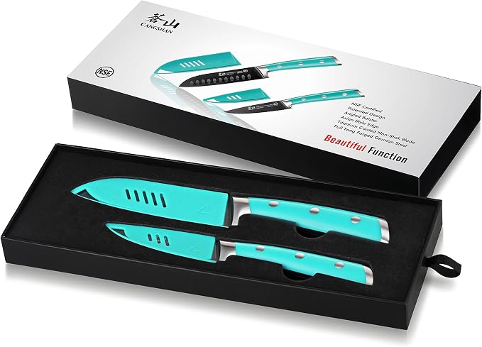 Cangshan S+ Series 1022117 German Steel Forged 2-Piece Titanium Coated Santoku Starter Knife Set with Sheaths, French Teal