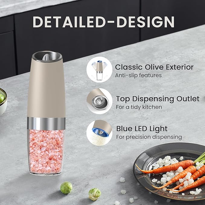 Battery Operated Salt And Pepper Grinder Set with LED Light, Automatic Electric Gravity Salt And Pepper Shakers Set, Each 6 AAA Batteries Needed, Adjustable Roughness, 2 Pack (Khaki)