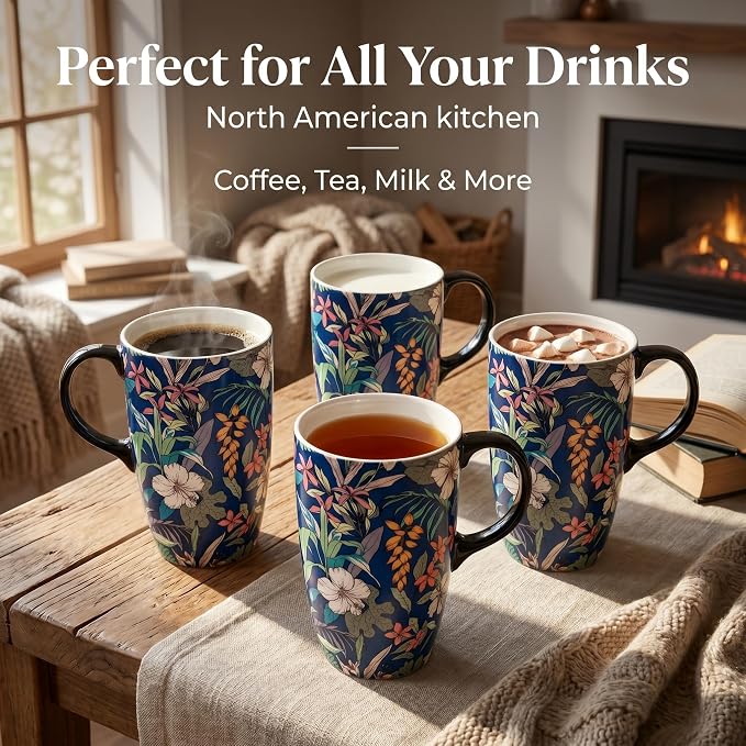Topadorn 17oz Tropical Hibiscus Ceramic Travel Mug with Lid, Navy Floral Coffee Cup, Exotic Flower Mug, Microwave & Dishwasher Safe, Gift Box Included