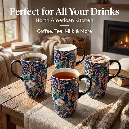 Topadorn 17oz Tropical Hibiscus Ceramic Travel Mug with Lid, Navy Floral Coffee Cup, Exotic Flower Mug, Microwave & Dishwasher Safe, Gift Box Included