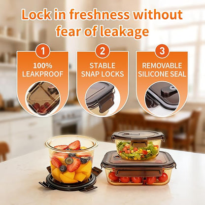 3-Piece Glass Food Storage Container Set, Microwave & Freezer Safe Lunch Containers for Kitchen Organization