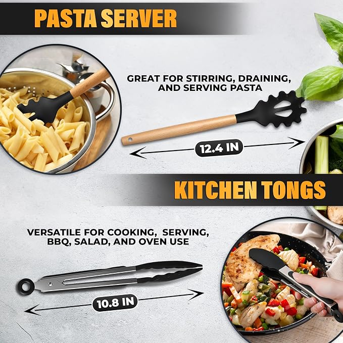 14 PCs Black Silicone Cooking Utensils Set with Holder - Versatile Kitchen Utensils with Sturdy Wooden Handles - Heat Resistance Silicone Kitchen Utensil Set with Holder for All Cooking & Baking Needs