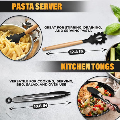 14 PCs Black Silicone Cooking Utensils Set with Holder - Versatile Kitchen Utensils with Sturdy Wooden Handles - Heat Resistance Silicone Kitchen Utensil Set with Holder for All Cooking & Baking Needs
