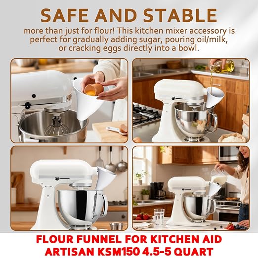 2 Pcs Funnel for Kitchen Aid Mixer, Kitchen Aid Accessories and Attachments for Kitchen Aid Artisan KSM150 4.5-5 Quart Tilt-Head Mixer, Dishwasher Safe Flour Funnel for Kitchen Aid Mixer (milky white)