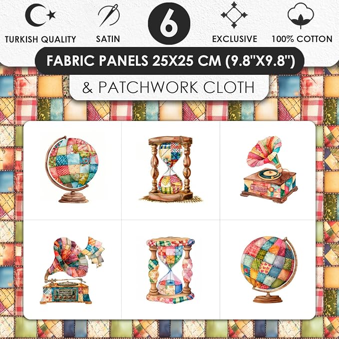 Patchwork Globe Cotton Fabric Panel – 6 Designs (10×10 inch Each) + Bonus Sheet 29.5×19.6 inch, 100% Cotton 140 GSM, Made in Türkiye