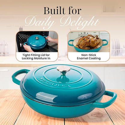 nuovva Shallow Cast Iron Casserole with Lid – Non Stick Dutch Oven Pot, Oven Safe up to 500° F – Sturdy Ovenproof Stockpot Cookware – Enamelled Cooking Pot – Teal, 3.7-Quart, 30cm – by Nuovva
