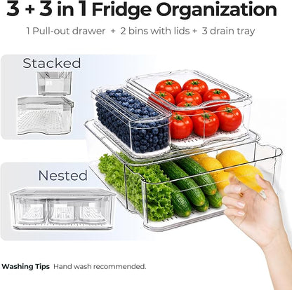 SMRCAD Refrigerator Organizers, Clear Pull-out Drawer Container and Organizer Bins with Lids, Stackable Storage Containers for Fruits, Vegetable (Set of 3 (Include Pull Out Drawer))