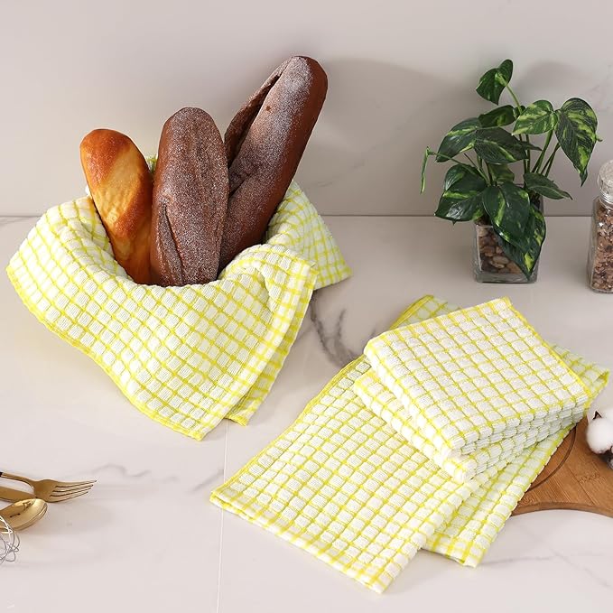 Homaxy Kitchen Towels and Dishcloths Set, 16 x 25 and 12 x 12 Inches, Set of 12 Cotton Terry Kitchen Dish Towels, Super Soft and Absorbent Dish Cloths, Yellow