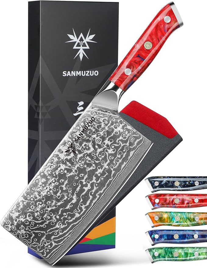 Chinese Chef Knife - 7" Cleaver Knife- Xuan Series - VG10 Damascus Steel Kitchen Knife - Resin Handle (Sunset Red)