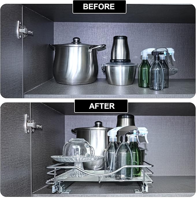 SITE Pull Out Cabinet Organizer 14" W x 21" D Heavy Duty Under Kitchen Cabinet Sliding Shelf,Requires At Least 15” Cabinet Opening, Chrome Finish