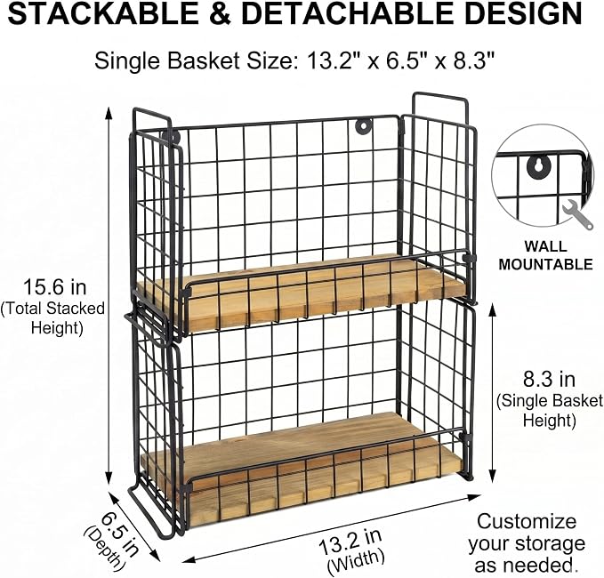 TIEYIPIN 2-Tier Spice Rack Organizer for Countertop, Stackable Metal Wire Kitchen Organization and Storage, Wall Mounted Seasoning Rack with Wooden Base for Cabinet, Pantry, Farmhouse Black