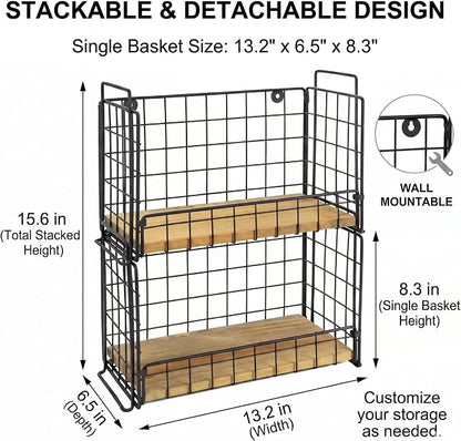 TIEYIPIN 2-Tier Spice Rack Organizer for Countertop, Stackable Metal Wire Kitchen Organization and Storage, Wall Mounted Seasoning Rack with Wooden Base for Cabinet, Pantry, Farmhouse Black