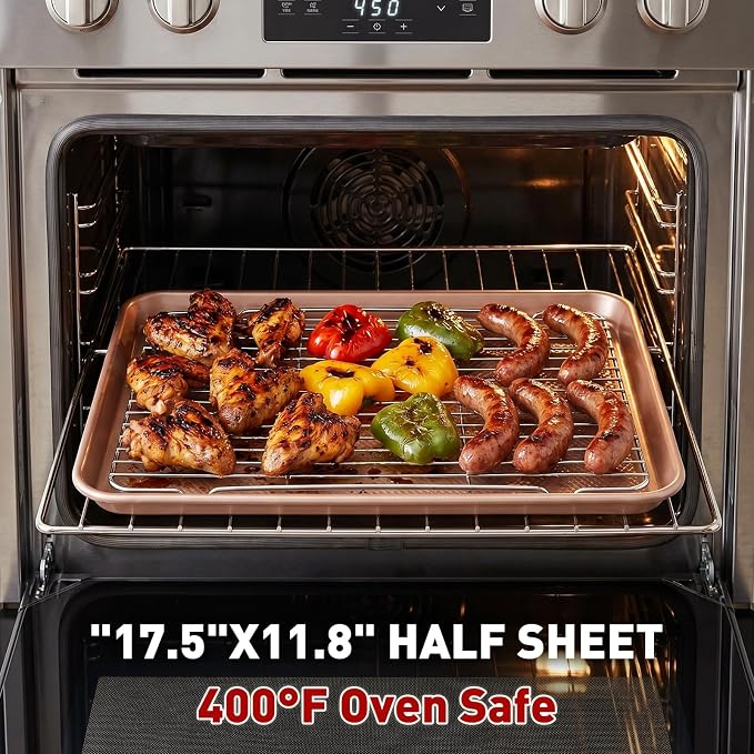 2-Pack Baking Sheets with Wire Cooling Racks | 17.5"x11.8" Heavy Duty Nonstick Carbon Steel Half Sheet Pans | Oven-Safe Crisper Tray Set for Roasting Bacon & Cooling Cookies