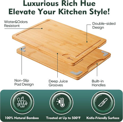 Wood Cutting Board Set Non Slip Feet Over Sink Natural Bamboo Set With Smooth Surface Knife-Friendly and Easy Storage Set of 2 Medium - Small Serving Kitchen Gadgets (Natural)