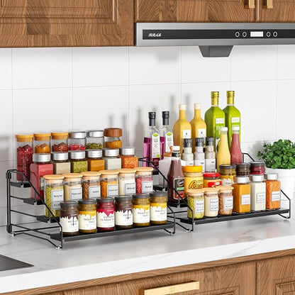 RCHYFEED Spice Rack Organizer for Cabinet Pantry,4 Tier Spice Rack Countertop,Tierd Spice Organization Easy Visibility, Depth Adjustable Seasoning Organizer for Cabinet (Black, 2Pack)