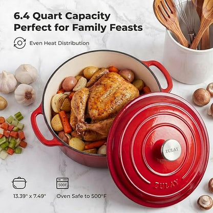 Zulay Kitchen 6.4QT Enameled Cast Iron Dutch Oven Pot with Lid, Heat Pad & Trivet, Heavy-Duty Soup Pot for Stews, Braising, Roasting & Sourdough Bread Baking, Oven Safe up to 500°F - Ablaze Red