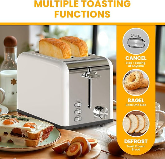 Simple Deluxe 2-Slice Toaster, 3 Function and 6 Browning Setting, Extra Wide Slot & Removable Crumb Tray, for Bread & Waffle, White