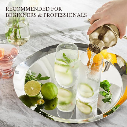 KITESSENSU Cocktail Shaker Set, Stainless Steel Bartending Kit with 25 Ounce Cocktail Shaker with Built in Drink Strainer, Measuring Jigger, Mixing Spoon & Drink Recipe Guide, Gold