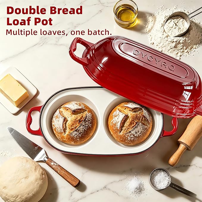 Dutch Oven For Sourdough Bread Baking – Enameled Cast Iron Dutch Oven Pot with Lid, Double Bread Loaf Pan – 500°F Oven Safe Non Stick Bread Pot for Homemade Bread, Meatloaf, Cake–Round Loaf Space, Even Heating– Red