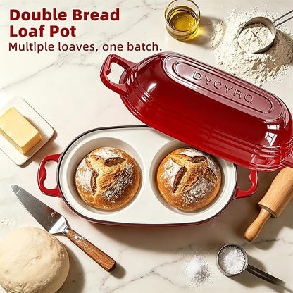 Dutch Oven For Sourdough Bread Baking – Enameled Cast Iron Dutch Oven Pot with Lid, Double Bread Loaf Pan – 500°F Oven Safe Non Stick Bread Pot for Homemade Bread, Meatloaf, Cake–Round Loaf Space, Even Heating– Red