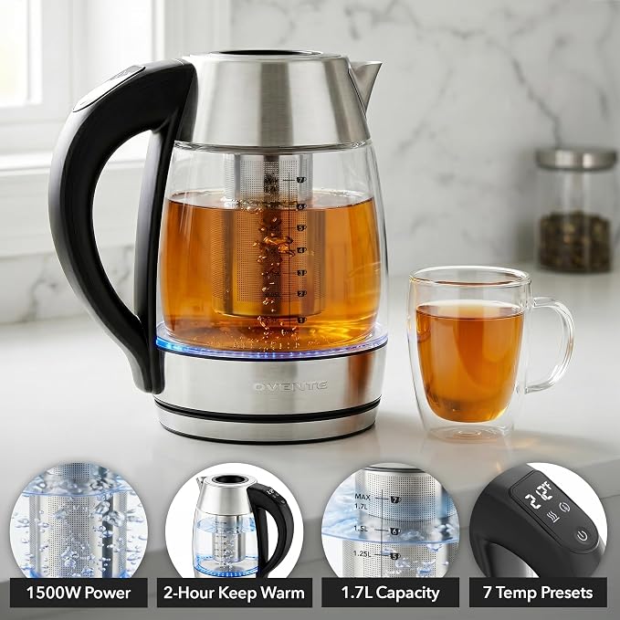 OVENTE Electric Tea Kettle with Temperature Control, Removable Tea Infuser, Easy to Fill Lid, Keep Warm Function, Auto Shut-Off, 1.7L Double Wall Borosilicate Glass, Stainless Steel Base, Silver KD68S