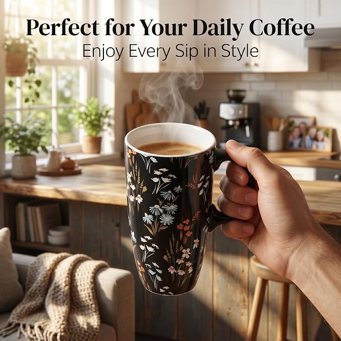 Topadorn 17oz Black Wildflower Ceramic Travel Mug with Lid, Dark Floral Coffee Cup, Microwave & Dishwasher Safe, Gift Box Included