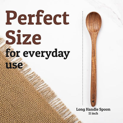 PriorityChef Extra Long Wooden Spoon for Cooking - 11" Heavy Duty Teak Long Handle Cooking Spoon - Large Wooden Spoons for Stirring & Serving - Big Wood Spoons Safe for All Cookware
