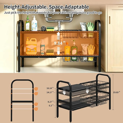 Under Sink Organizers and Storage, 2 Tier Expandable Length Adjustable Height Under Sink Organizer, Easy Assembly Heavy Duty Carbon Steel Space Saving Under Cabinet Shelf Storage Rack
