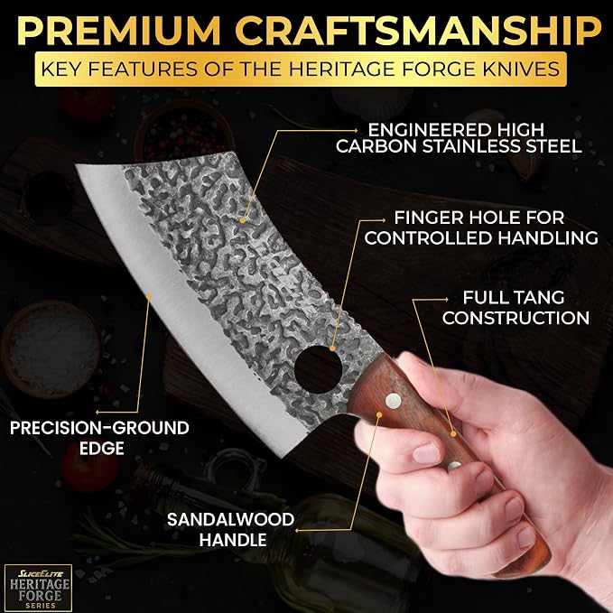 SliceElite Hand-Forged Professional Butcher Knife (3 PC BUTCHER KNIFE SET W/SANDLEWOOD HANDLES)