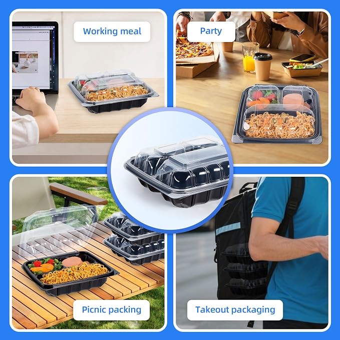 YANGRUI 45-Pack 38 oz 9.5" Meal Prep Container, Shrink-Wrapped No Pre-Wash | 3-Compartment, Anti-Fog Lid, Leakproof BPA-Free PP, Microwave/Freezer Safe for Salad Production, Catering & Grab-and-Go Meals