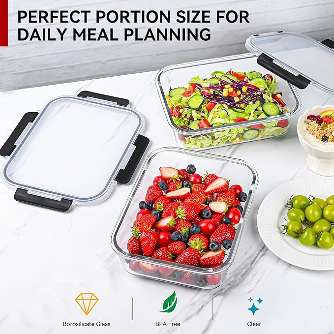GEHE 2 Pack 78oz Large Glass Storage Containers with Lids, Meal Prep Container, Glass Food Storage Containers for Roasting, Serving, Leakproof, Microwave, Freezer and Dishwasher Safe, BPA Free