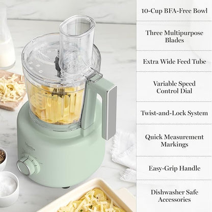 Martha Stewart Food Processor, 10-Cup Electric Chopper for Slicing, Shredding, Mincing and Puree, BPA-Free Twist & Lock Bowl, 3 Multipurpose Blades, Variable Speed Dial, Wide Feed Chute, Honeydew