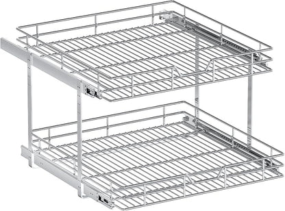 2-Tier Pull Out Cabinet Organizer, 22.5" W x 21.5" D, Heavy Duty Dual Slide Out Shelves for Wide Base Cabinets, Chrome Wire Basket Drawer for Pots, Pans, Pantry & Cleaning Supplies