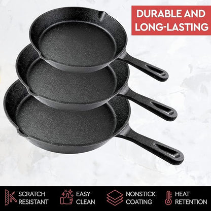 Cast Iron Skillet 3-Piece Set - Heavy-Duty Professional Restaurant Chef Quality Pre-Seasoned Pan Cookware Set - 10", 8", 6.2" - Frying, Saute, Cooking, Pizza & More, Charcoal Grey