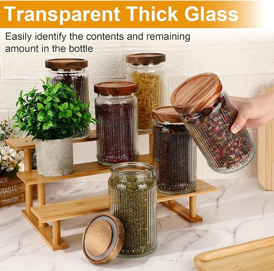 6 Pcs 1000ml/34 oz Vintage Glass Storage Jar Glass Containers with Wood Lid Ribbed Pattern Airtight Kitchen Spice Containers for Pantry, Coffee Bean, Grains, Tea, Sugar, Flour, Candy, Oats