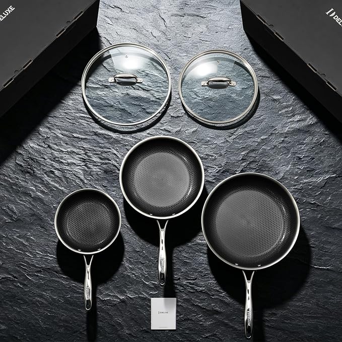 Deluxe 13 Piece Hybrid Ceramic Nonstick Stainless Steel Cookware Set-5 Piece Frying Pan Set, 6 PC Pot Set, 3.7QT Deep Sauté Pan&Lid, Induction Ready, Stay Cool, PFOA Free Compatible with All Cooktops