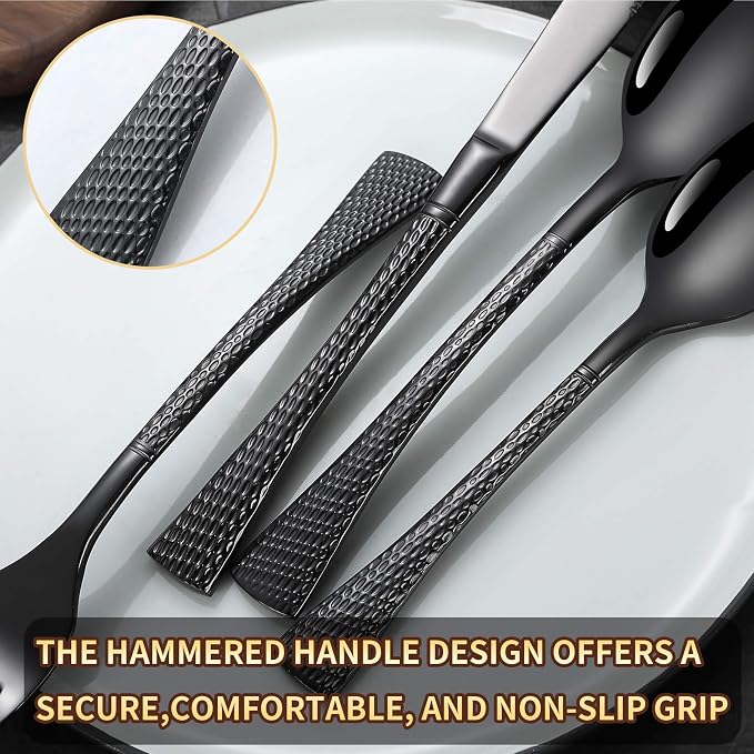 Lemeya Hammered Black Silverware Set,30 Piece Modern Flatware Set Service for 6,Mirror Polished Stainless Steel Cutlery Set Utensil Set Tableware Set,Kitchen Knives Forks Spoons Set,Dishwasher Safe