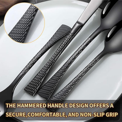 Lemeya Hammered Black Silverware Set,30 Piece Modern Flatware Set Service for 6,Mirror Polished Stainless Steel Cutlery Set Utensil Set Tableware Set,Kitchen Knives Forks Spoons Set,Dishwasher Safe