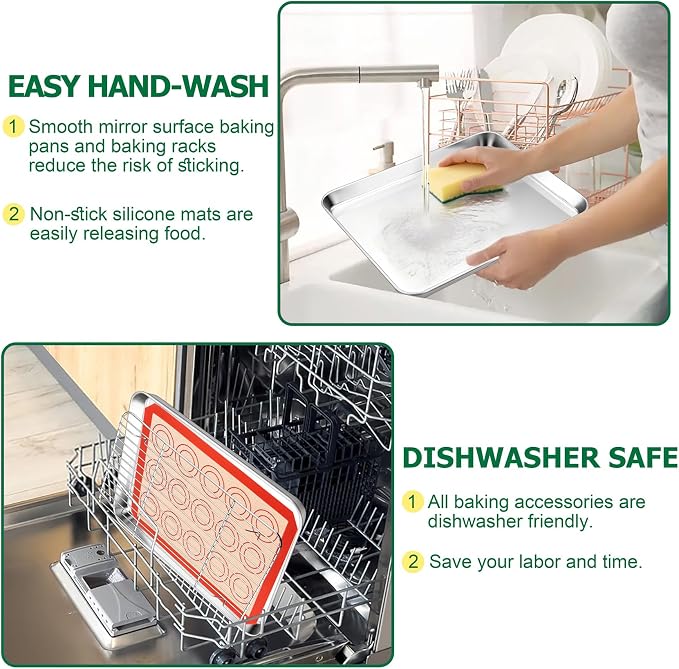 TeamFar Stainless Steel Baking Sheet with Rack Set, 10.5/12.5/16 Inch Baking Pan with Wire Rack & Silicone Baking Mat for Oven Baking, Cookies Sheets Set of 9 (3 Sheets + 3 Racks + 3 Mats), Easy Clean