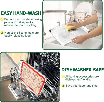 TeamFar Stainless Steel Baking Sheet with Rack Set, 10.5/12.5/16 Inch Baking Pan with Wire Rack & Silicone Baking Mat for Oven Baking, Cookies Sheets Set of 9 (3 Sheets + 3 Racks + 3 Mats), Easy Clean